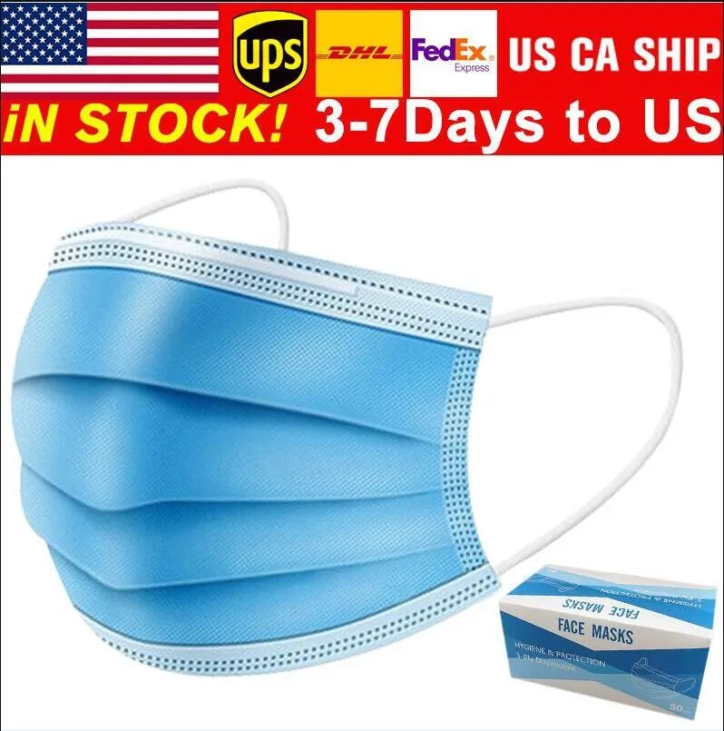 DHL Shipping 3-7 dias para nós / Reino Unido / UE Máscaras faciais descartáveis ​​com orelha elástica Loop 3 Ply Respirável para bloquear a máscara anti-poluição do ar de poeira