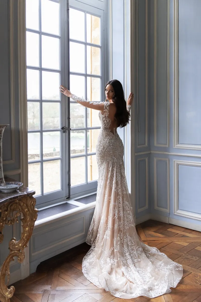 Beaded lace wedding dress with plunging neckline online