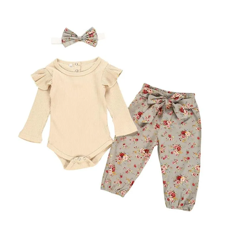 Nyfödd baby flicka kläder set solid färg långärmad romer + blommig tryck byxor + båge huvudband 3pcs spädbarn kläder outfit