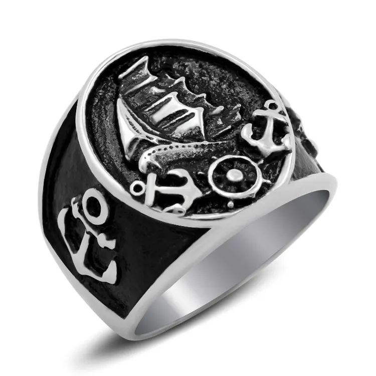 Rostfritt stål Piratskeppdesign Mäns Ring Utsökt Sails Antika Män Punk Gothic Retro Svart Olja Dropp Ankare String Compass Smycken Partihandel