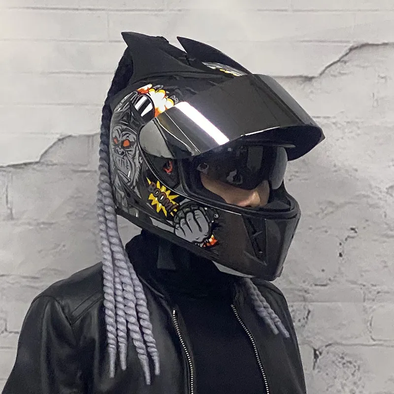 Полнолицевой мотоциклетный шлем с двойной линзой, АБС-пластик, мотоциклетный шлем для мотокросса с косами, рога, аксессуары227T