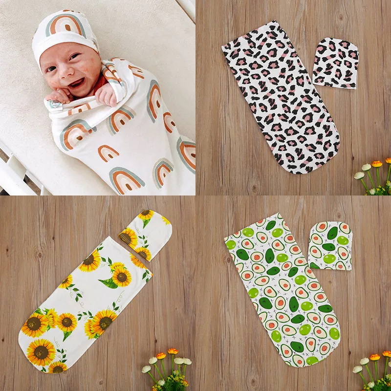 4 stilar toddler ins swaddle boys tjejer solros leopard regnbåge print filt baby mjuk bomull sömn säck + nyfödd hatt 2pcs / set m2423