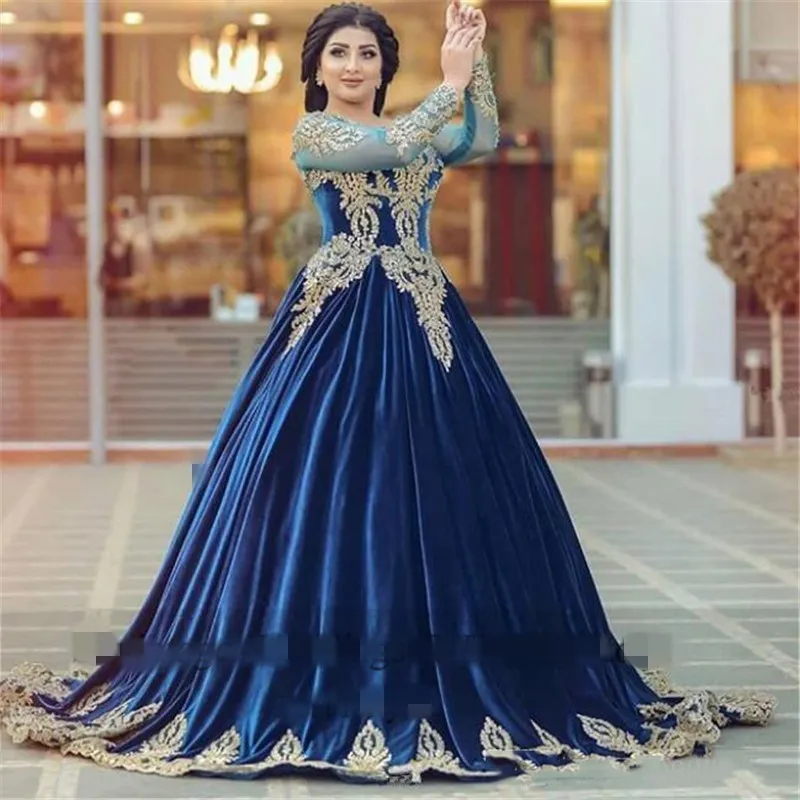 Royal Blue Moroccan Kaftanイスラム教徒の母イブニングドレスクルーロングスリーブドバイアラビア語Prom Gows Gold Lace Appleches Velvet Dress