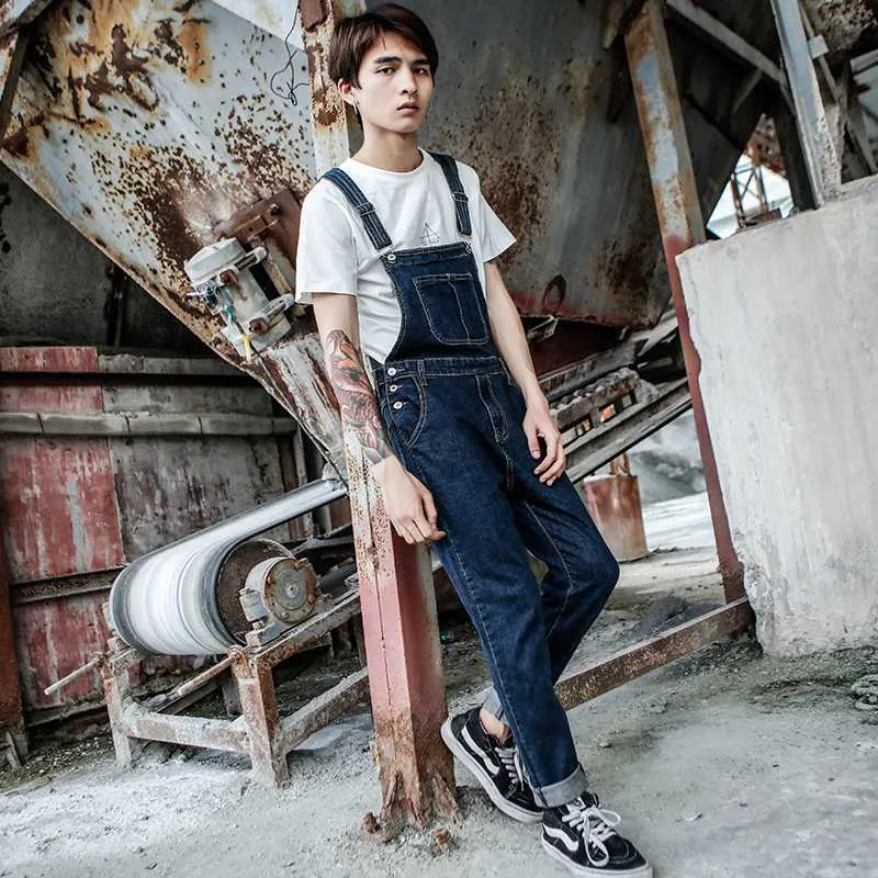 2020 nouveaux hommes Harajuku Denim salopette hommes Version coréenne des pieds d'auto-culture Stretch jeans sangle bleu Trouse296C