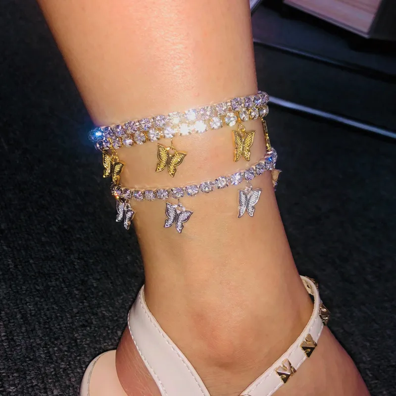 Gold Butterfly Anklet Rhinestone Crystal Ankle Charm Bracelet Boho Beach Anklets for Women Sandals Foot Bracelets Female Wedding Jewelry