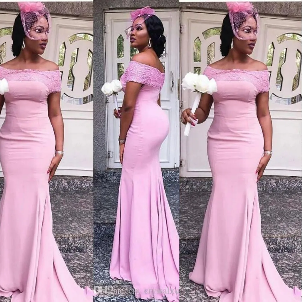 Novo barato Africano negro negro rosa vestidos de dama de honra sereia fora do ombro lace apliques de casamento vestido de convidado plus tamanho empregada de vestidos de honra