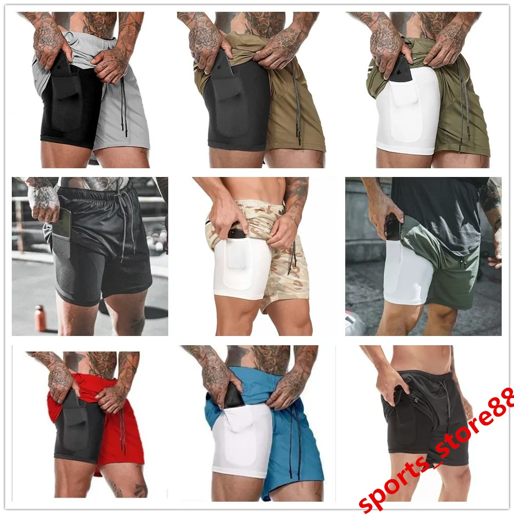 top 2020 New Men's Running Shorts Mens Sports Tights Shorts Male Quick Drying Training Exercise Jogging Gym with Built-in pocket Line