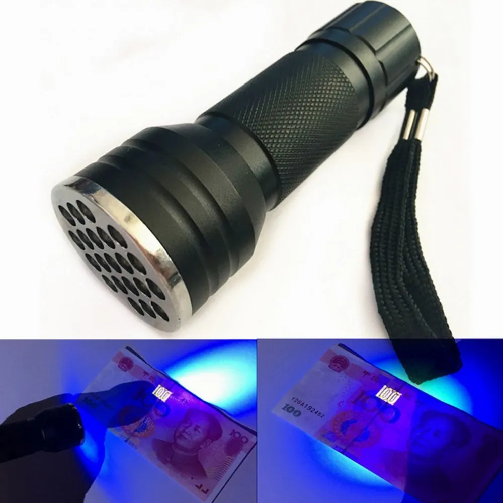 21 LED latarka UV latarka światło fioletowe światło Blacklight lampa UV latarka 3A bateria do wykrywania znaczników sprawdzania DLH437