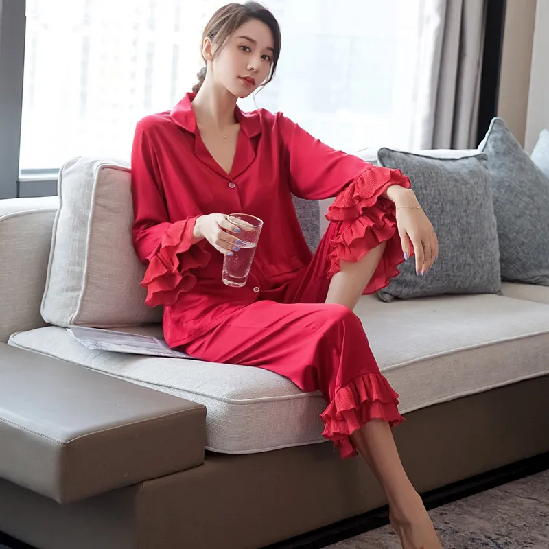 Silky Ruffled Sleeves Womens Pajama Set Sweet And Cute Romantic Sleepwear For A Sexy And Thin Look From Dhtiger 29.38 DHgate.Com