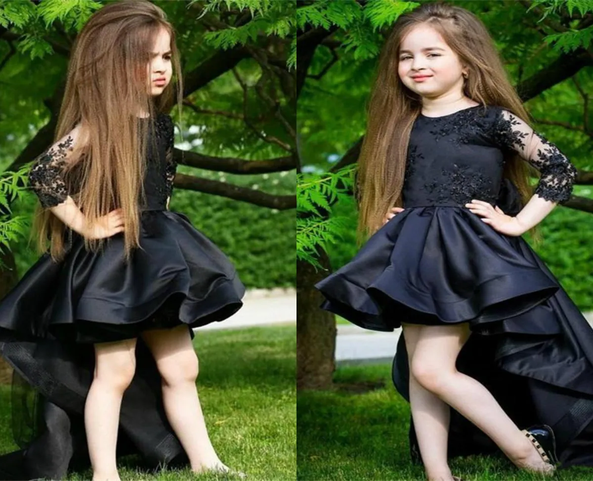 Hot Sale Black Hi-lo Flower Girl Dress Jewel Neck Long Sleeves Appliqued Lace Elegant Ruched Satin Pageant Gown Birthday Gown Custom Made