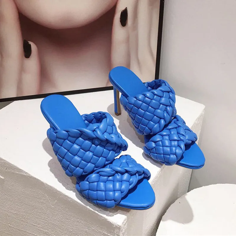 Slippers Runway Designer Women High Heel Sandals Leather Braided Mules Ladies Summer Shoes Woman Sexy Slides Plus Size 41