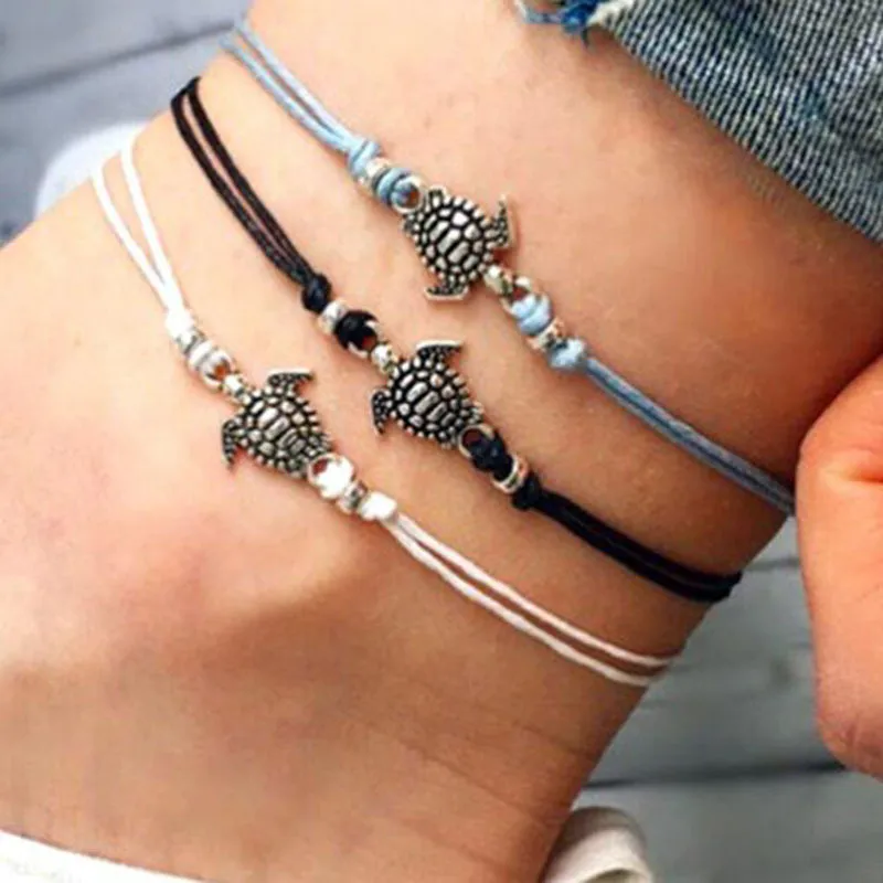 Mode été pied bracelet plage bracelets de cheville anciens bracelets de cheville argent tortue cire corde pieds nus sandales plage pieds bijoux accessoires