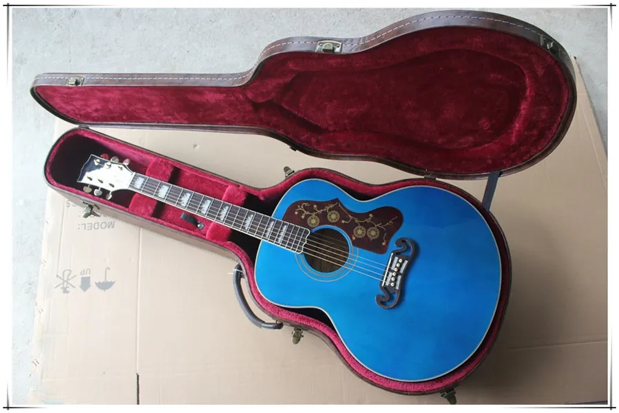 Fabriksblå ihålig kropps akustisk gitarr med gyllene tuners, rosewood fretboard, kroppsbindning, kan anpassas
