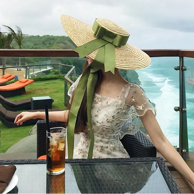 Chapeau de paille de blé souple pour femmes, Chapeaux de soleil à Large bord avec nœud en ruban, Chapeau de plage élégant pour l'été, Chapeau Sombreros CX200714258T