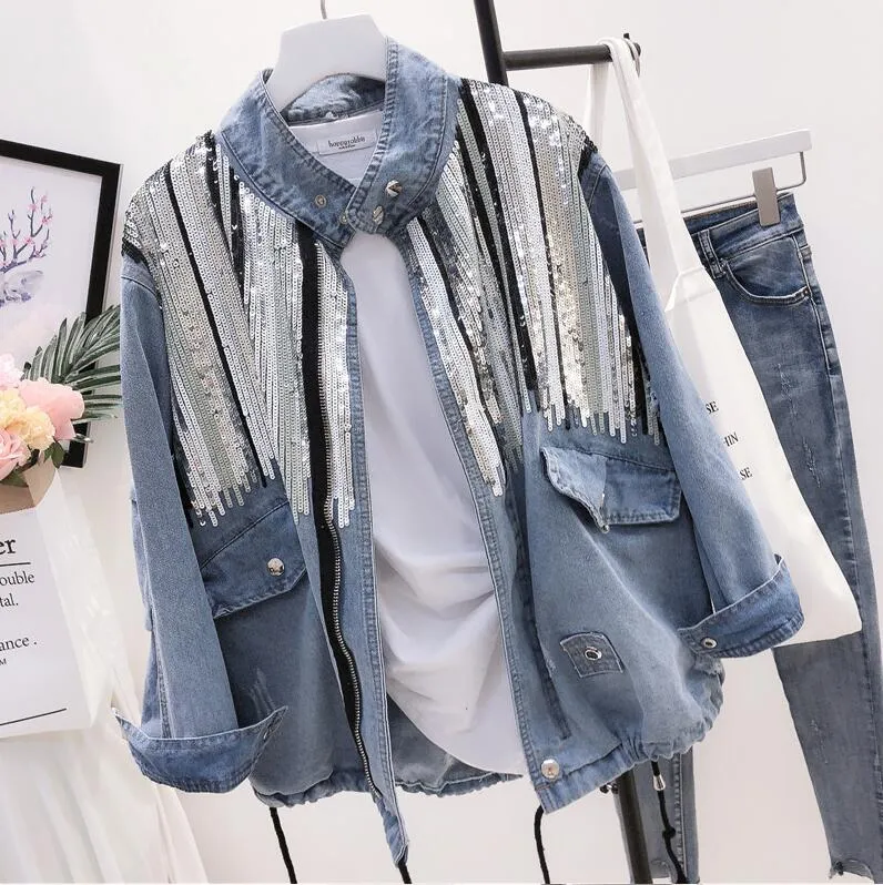 Sequined Denim Jacket Autumn Female Wear Loose Heavy Sequins Retro Pull Rope Worn Jeans Outwear