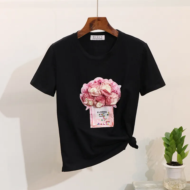 2019 Mulheres Primavera-Verão T camisa de manga curta 3d Garrafa Floral T-shirt Cotton Tops Y19072601