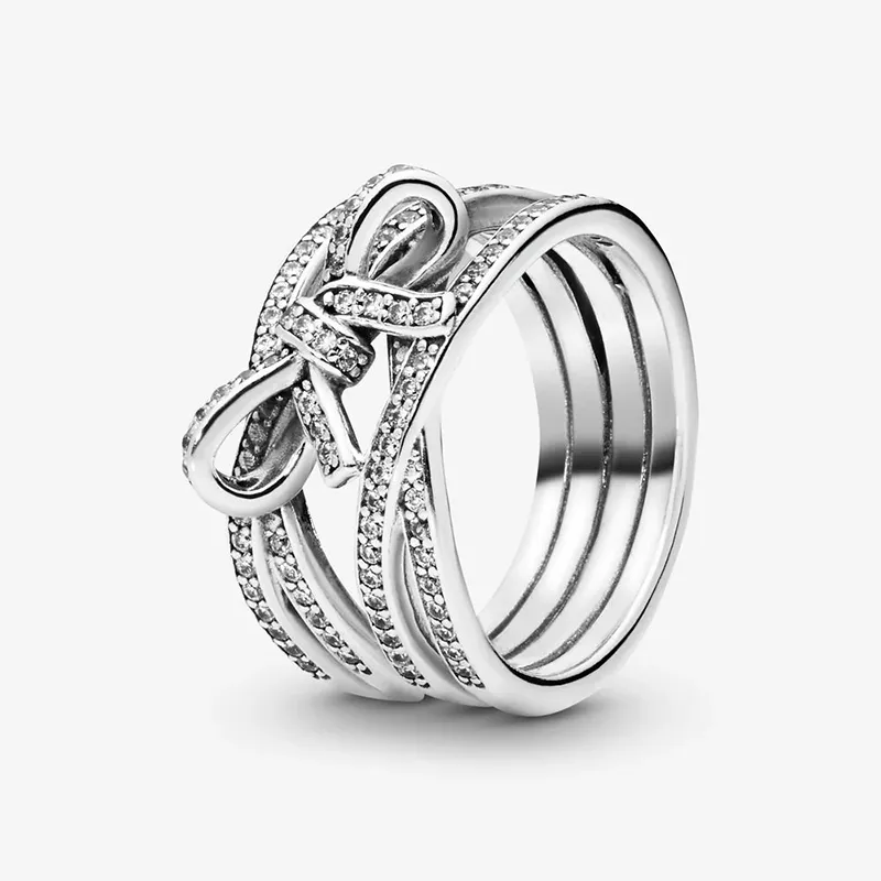 Magnifique ruban étincelant et bague à nœud, bijoux CZ transparents pour bagues de mariage en argent sterling Pandora 925 avec boîte d'origine pour femmes