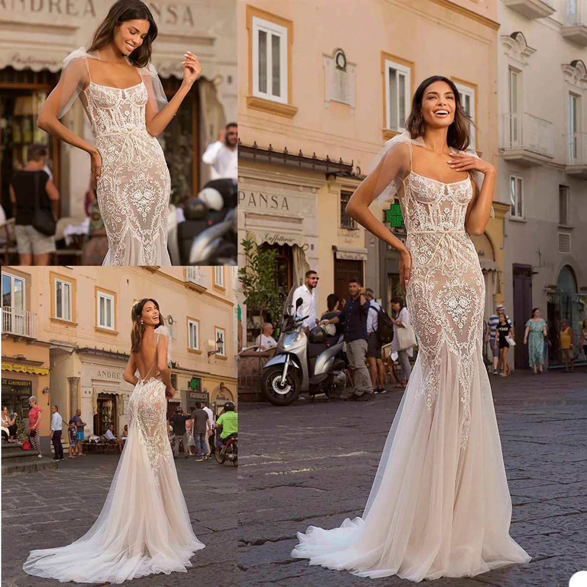 Berta 2021 Bröllopsklänningar Spaghetti Straps Lace Appliques Mermaid Bridal Gowns Open Back Sweep Train Bröllopsklänning Robe de Marie