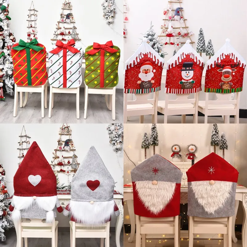 Christmas Chair Cover Santa Claus Boże Narodzenie Czerwone Kapelusz Krzesła Powrót Okładki Obiadowy Krzeseł Czapka Xmas Domowa Dekoracja