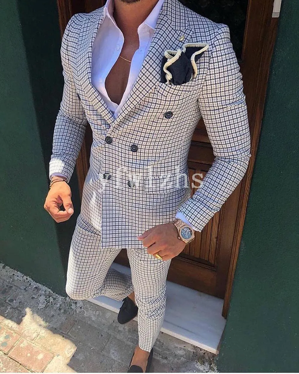 Newest Double-Breasted Groomsmen Peak Lapel Wedding Groom Tuxedos Men Suits Wedding/Prom/Dinner Man Blazer(Jacket+Tie+Pants) T100