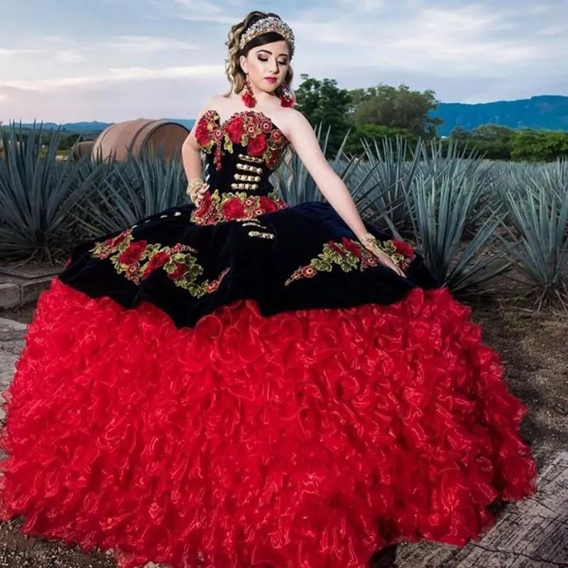 Princesa negro y rojo vestidos de quinceañera organza volantes falda dulce 16 vestido vestido de 15 anos vestidos de fiesta de graduación