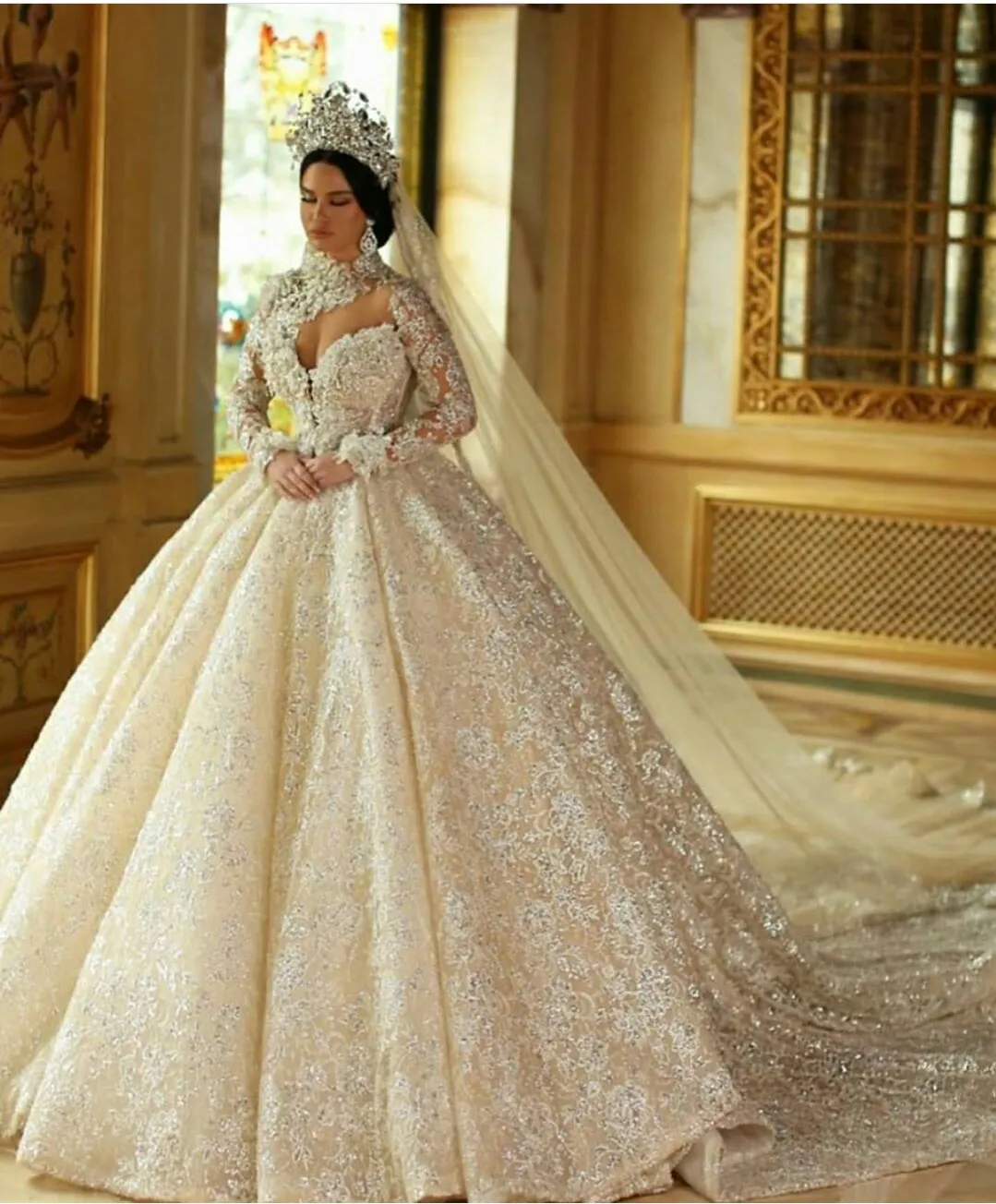 Muslim Style High Neck Bridal Ballroom Wedding Gowns With Lace Appliques  And Beading Pearls Long Sleeves, Plus Size From Mark776, $109.36