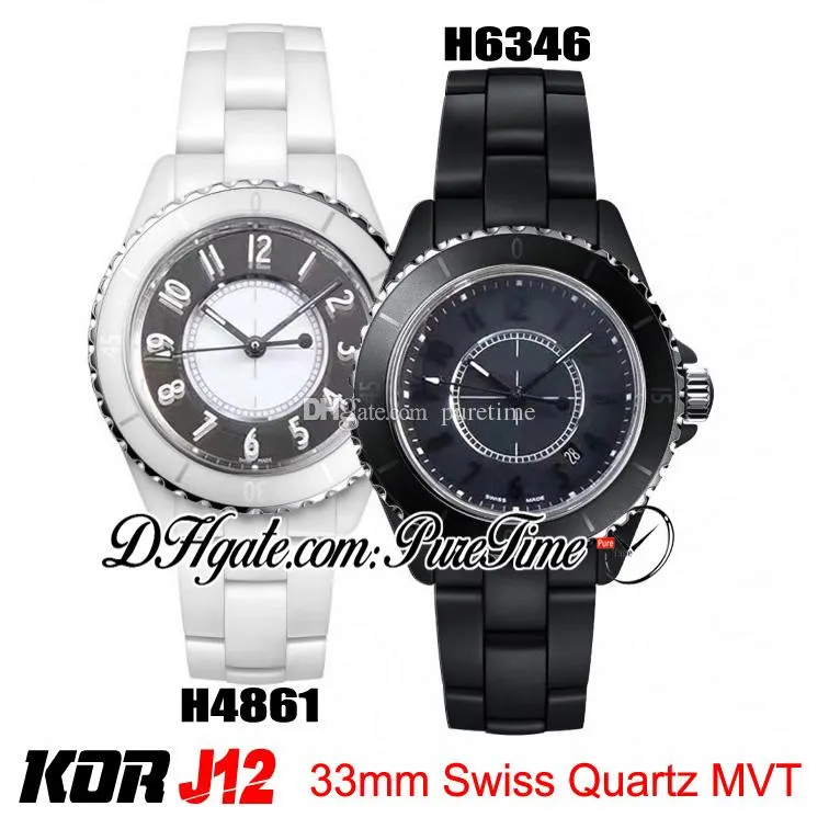 KORF H4861 H6346 33 mm Schweizer Quarz Damenuhr Stahl Schwarz Weiß Korea Keramik mit Armband Damen Best Edition New Puretime J12a2e5