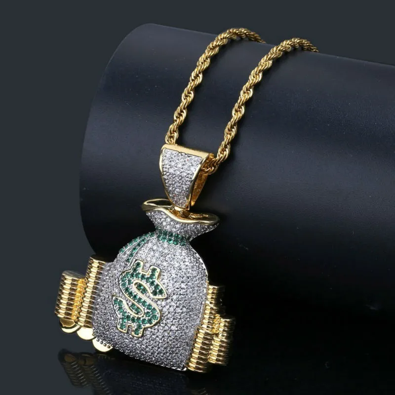 US Money Bag Stack Cash Coins Pendant Necklaces Gold Iced Out Bling Cubic Zircon Necklace Men Hip Hop Jewelry