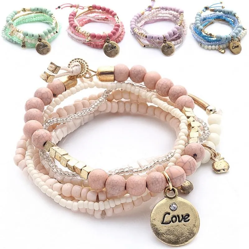 6 Styles Beaded Bangle Letter LOVE Coin Pendant Bracelets Bohemian Beaded Multi-layer Bracelets Women Fashion Gifts