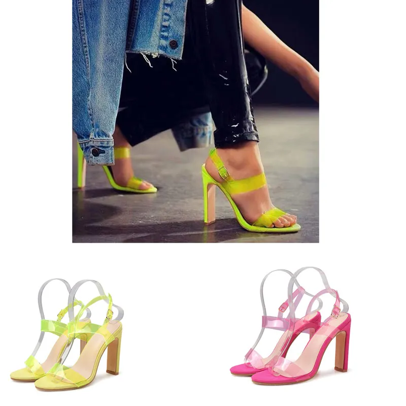 Women Transparent Summer Sandals Ladies High Heel Slippers Candy Color Open Toes Thick Heels Fashion Female Slides Shoes