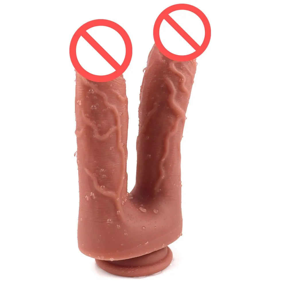 Realistisk dubbel slutade dildo sexleksaker för kvinna eller par dubbla sidor med simulerad penis sucker j1745