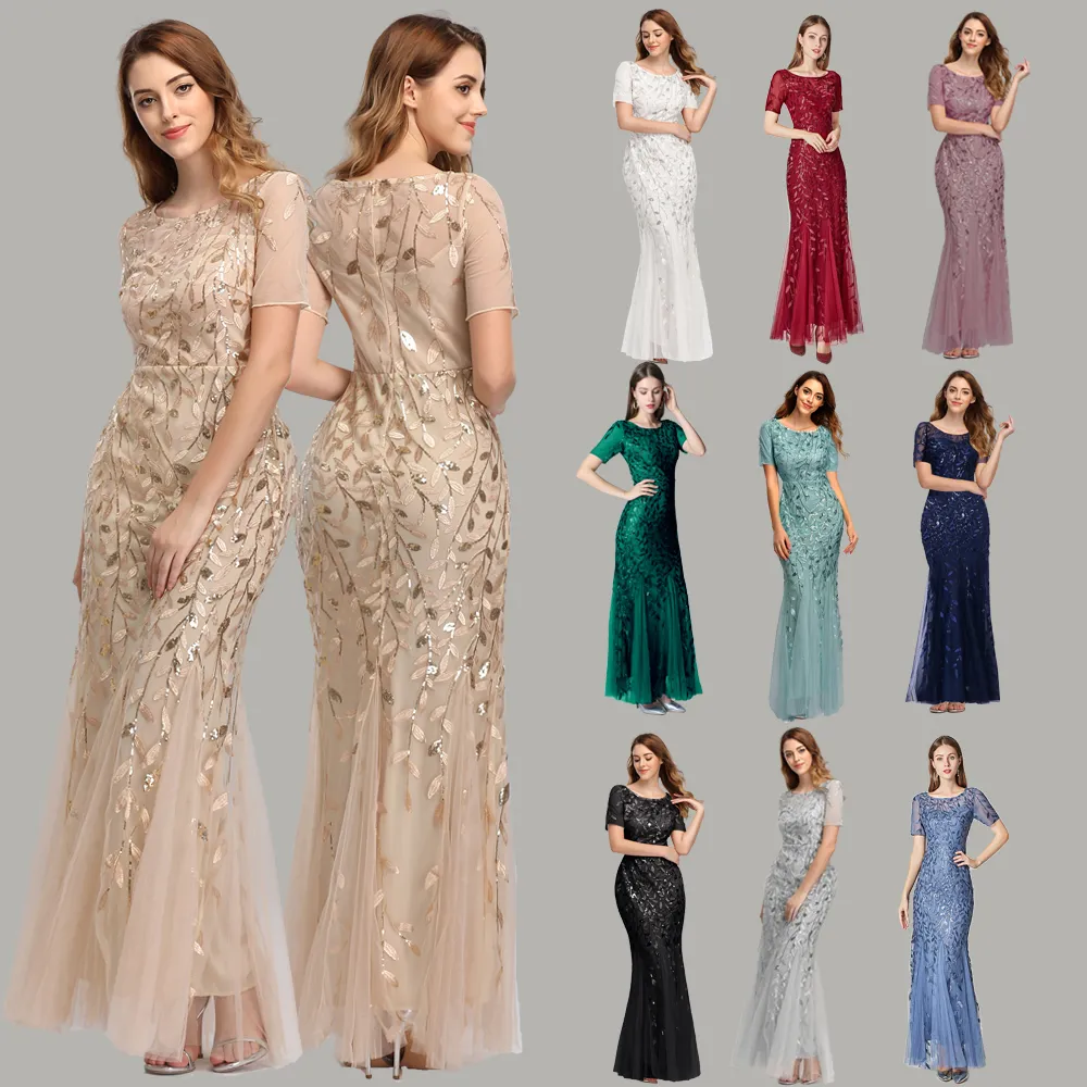 Abiti da sera taglie forti Sirena O Collo Manica corta Applicazioni di pizzo Tulle Abito lungo da festa Robe Soiree Abito formale sexy vestido T200718