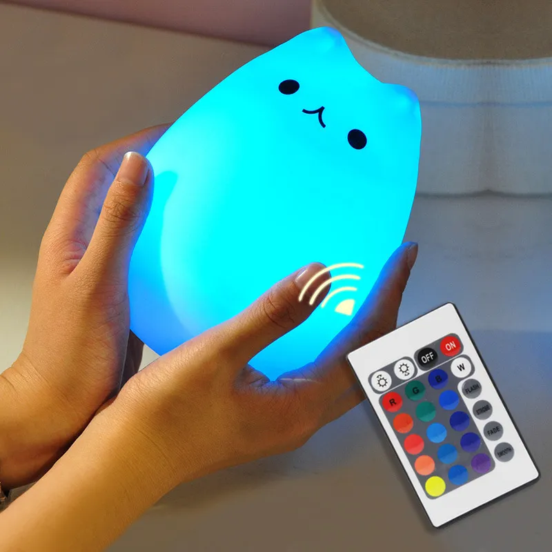 Kleurrijke Touch Sensor Cat Light LED Kinderen Dier Nachtlampje Silicone Soft Cartoon Babykamer Lamp Ademhaling LED Nachtlampje USB