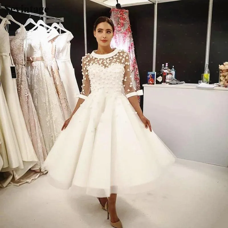 2020 Vintage a line wedding dress with O-Neck, 3/4 Sleeves, Bow Sashes, and Tea Length Skirt - Custom Made