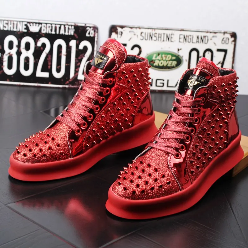 Men s Rivet Punk Boots Black Red Leather Designer Sneakers High Top Casual Shoes