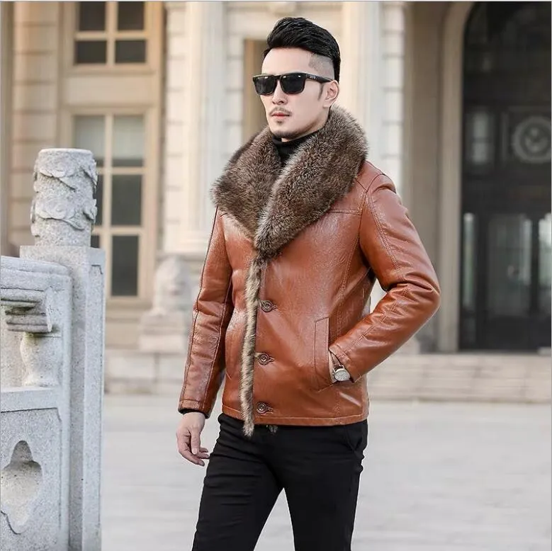 Veste En Cuir Véritable Avec Fourrure - Taille 38 - Fourrure De Raton Laveur - Style élégant - Neuf Sans étiquettes