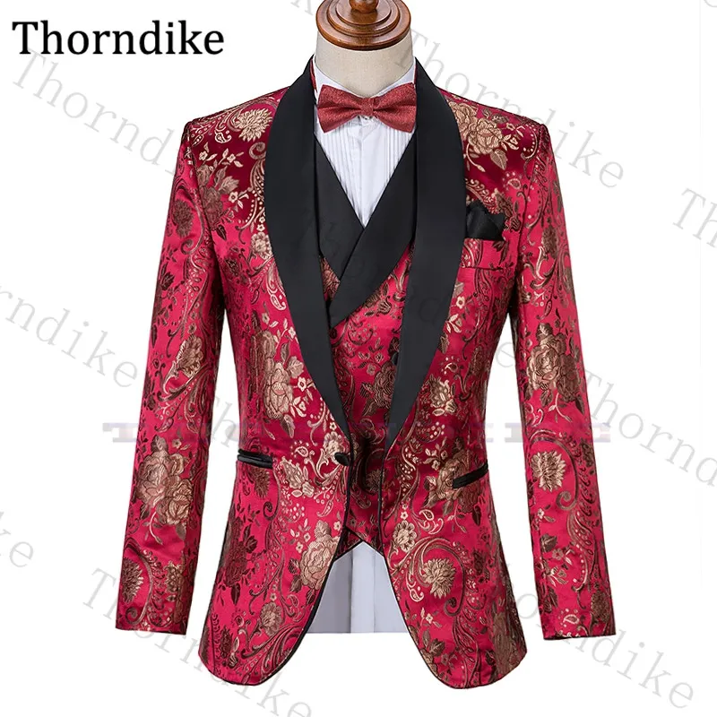 Traje rojo para hombre de Thorndike 2020, traje de boda con estampado Floral para hombre, chal hecho a medida, esmoquin con solapa para novio, trajes de graduación entallados 2020288y