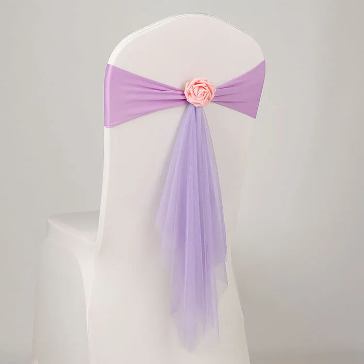 10 st Wedding Decoration Chair Back Organza Chair Sash Spandex Sash Med Rose Ball Konstgjord Blomma och Organza Chair Sash Bröllopslayout