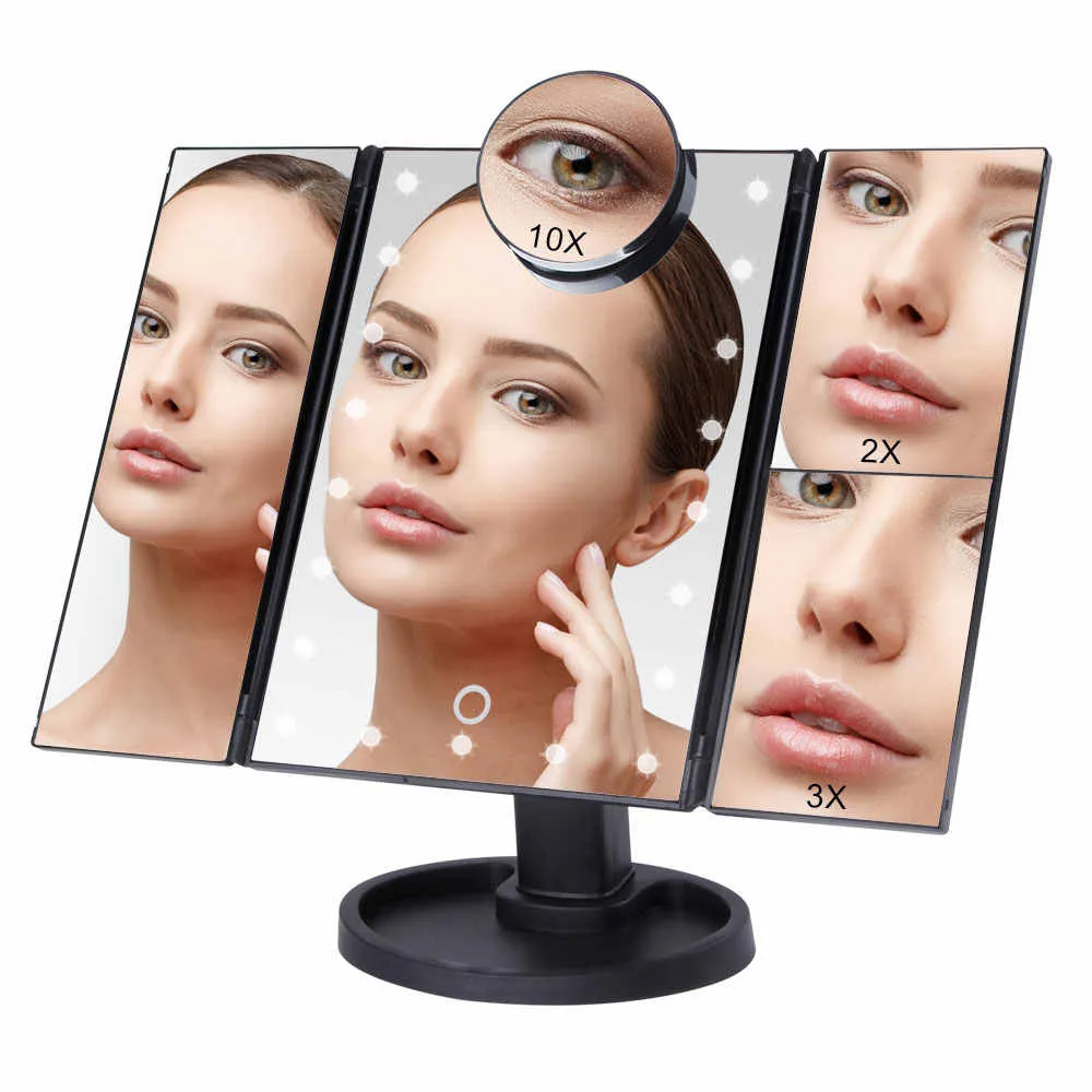 22 Light сенсорный экран светодиодный зеркало для макияжа Таблица Desktop 1X / 2X / 3X / 10X увеличительного зеркала 3 Складные регулируемые зеркала J2211