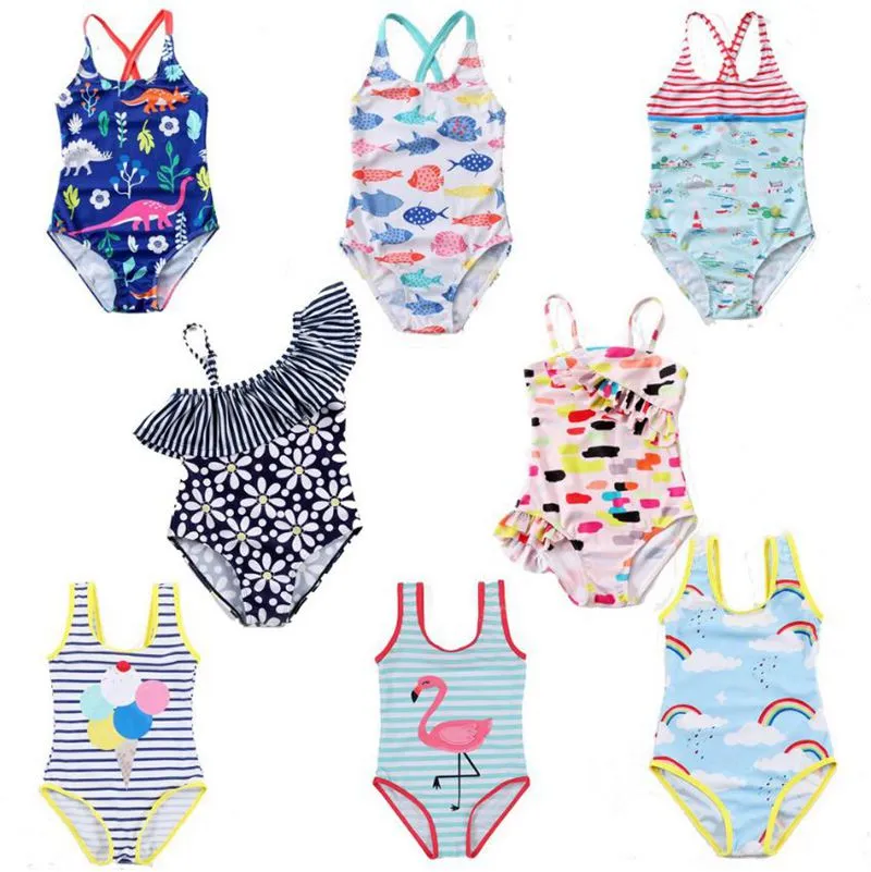 Baby Girls Swimsuit Suspender Kids Swimwear One Pieces Printed Toddler Bathing Suit Children Beachwear Summer Kids Clothing 5pcs D4990