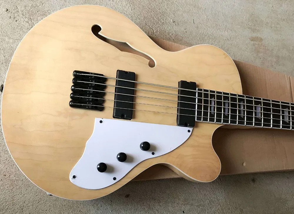 5 String Semi Hollow Electric Bass Guitar with Natural Wood Color White Pickguard Rosewood Fretboard and Black Binding