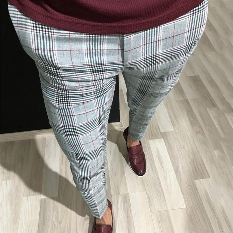 Mens Fashion Plaid calças dos homens de Streetwear Hip Hop Calças justas Chinos Calças Slim Fit Corredores Casual