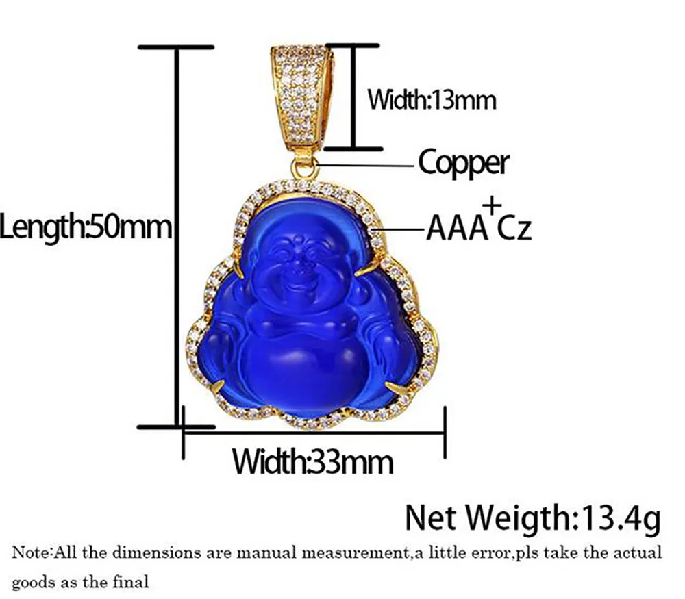 14K Gold Iced Out Buddha Pendant Necklace Bling Micro Pave Cubic Zirconia Simulated Diamonds with 3mm 24inch Tennis Chain244G