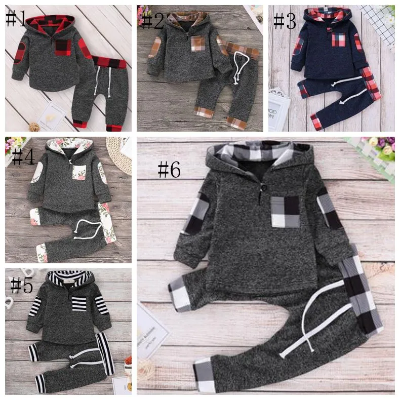 Baby Hoodies Floral Lattice Girls Sweatshirt Pants 2pcs Sets Infant Boy Tracksuits Designer Children Outfits Fashion Kids Clothing BT4798