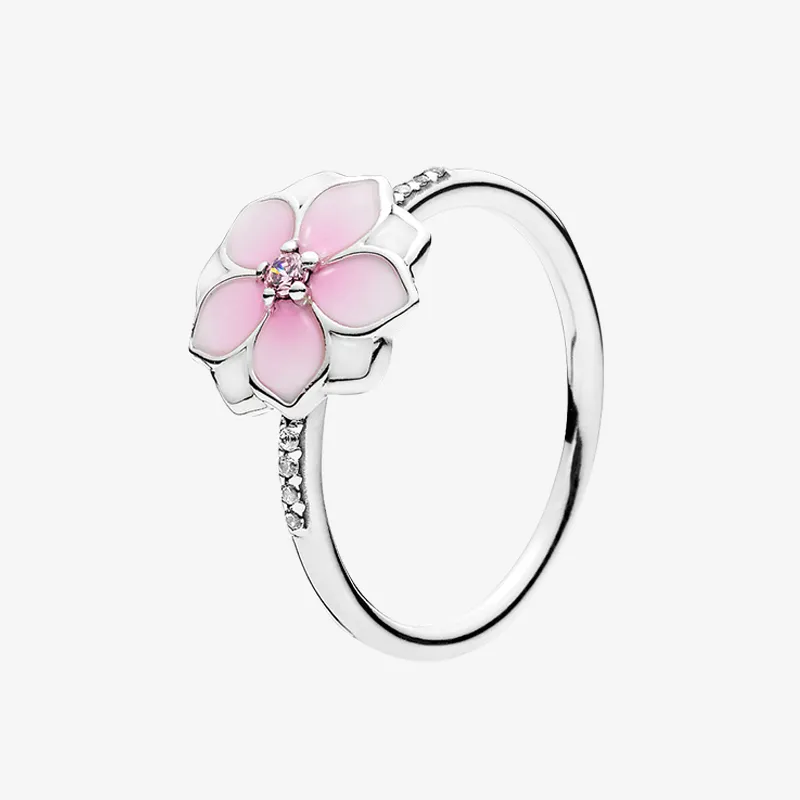 Lindo anillo de flor de magnolia rosada para mujer, joyería de boda, regalo de compromiso para Pandora 925 anillos de plata esterlina con caja original