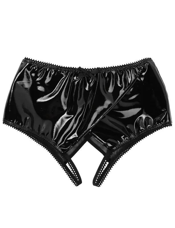 Women's Panties Women Sex Lingerie Latex Wet Look Patent Leather Crotchless  Sissy Sheer Mesh Splice Open Crotch Briefs Underwear