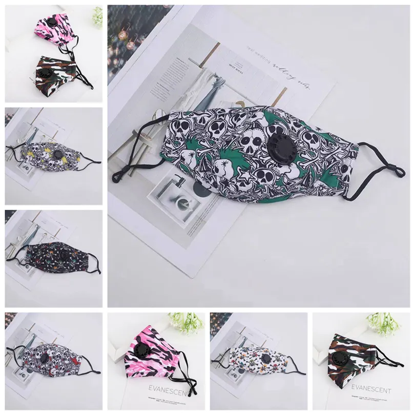 7styles Skull Face Masks Camouflage Print Mouth Mask Breathing Valve PM2.5 Cotton Mask with filter pocket Anti Dust Haze Cover GGA3602-7