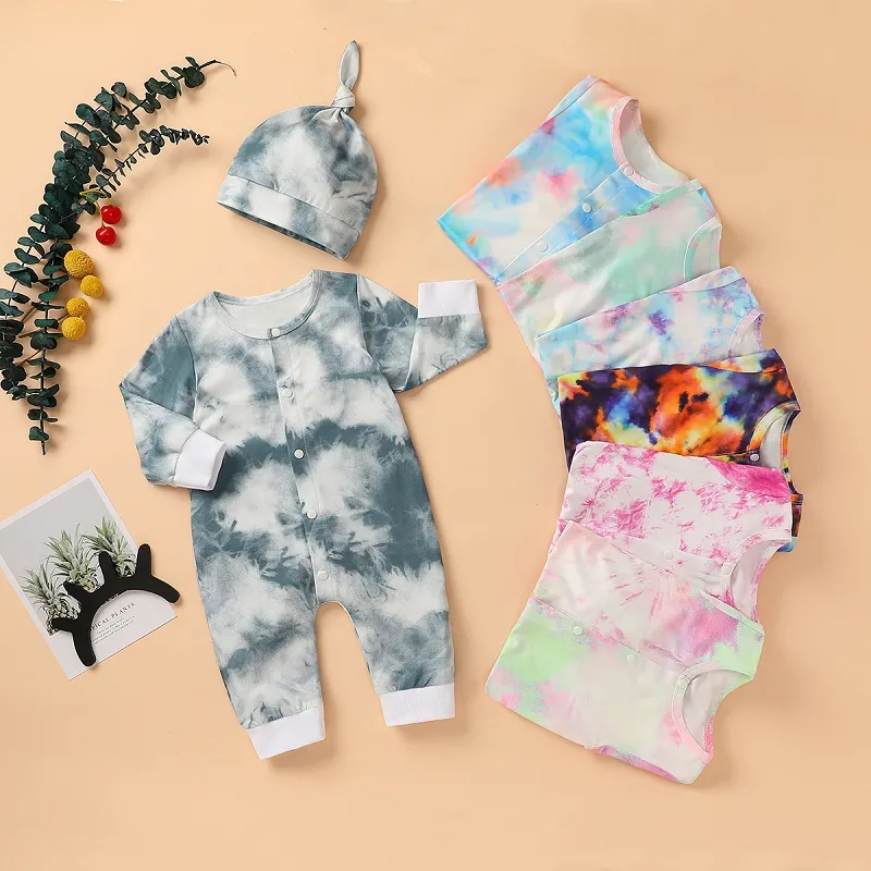 Kinderkleding Jongens Meisjes Band Dye Jumpsuits Baby's Button Lange Mouw Romper + Pasgeboren Hoed 2 stks / sets Boutique Peuters Kleding Sets M2409