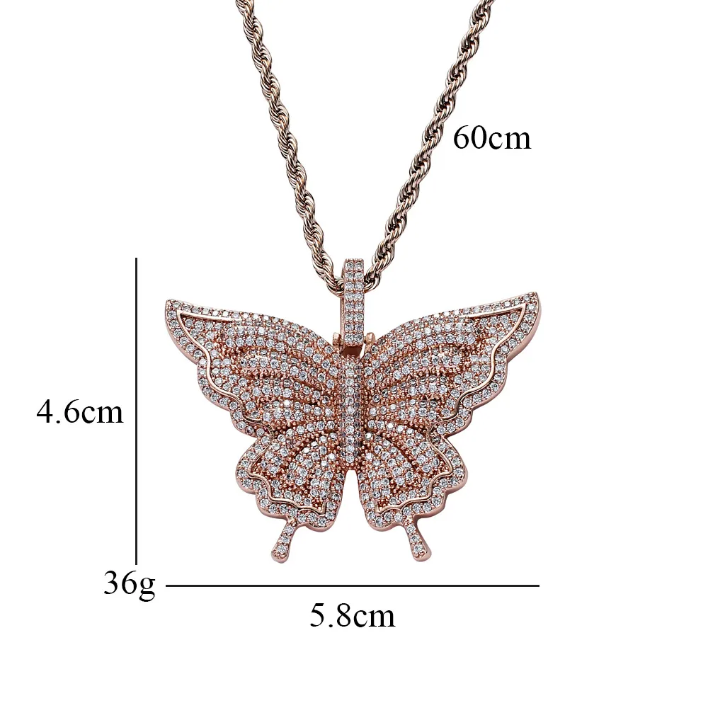 Gold Silver ColorBling CZ Stone Butterfly Pendant Necklace for Men Women with 24inch Rope Chain Nice Gift for Friend2772