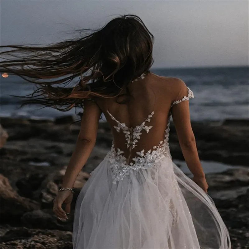 unusual beach wedding dresses See Through Lace Ivory Tulle V-neck V-back Beach Wedding Dress WD419 US6 / Custom Color